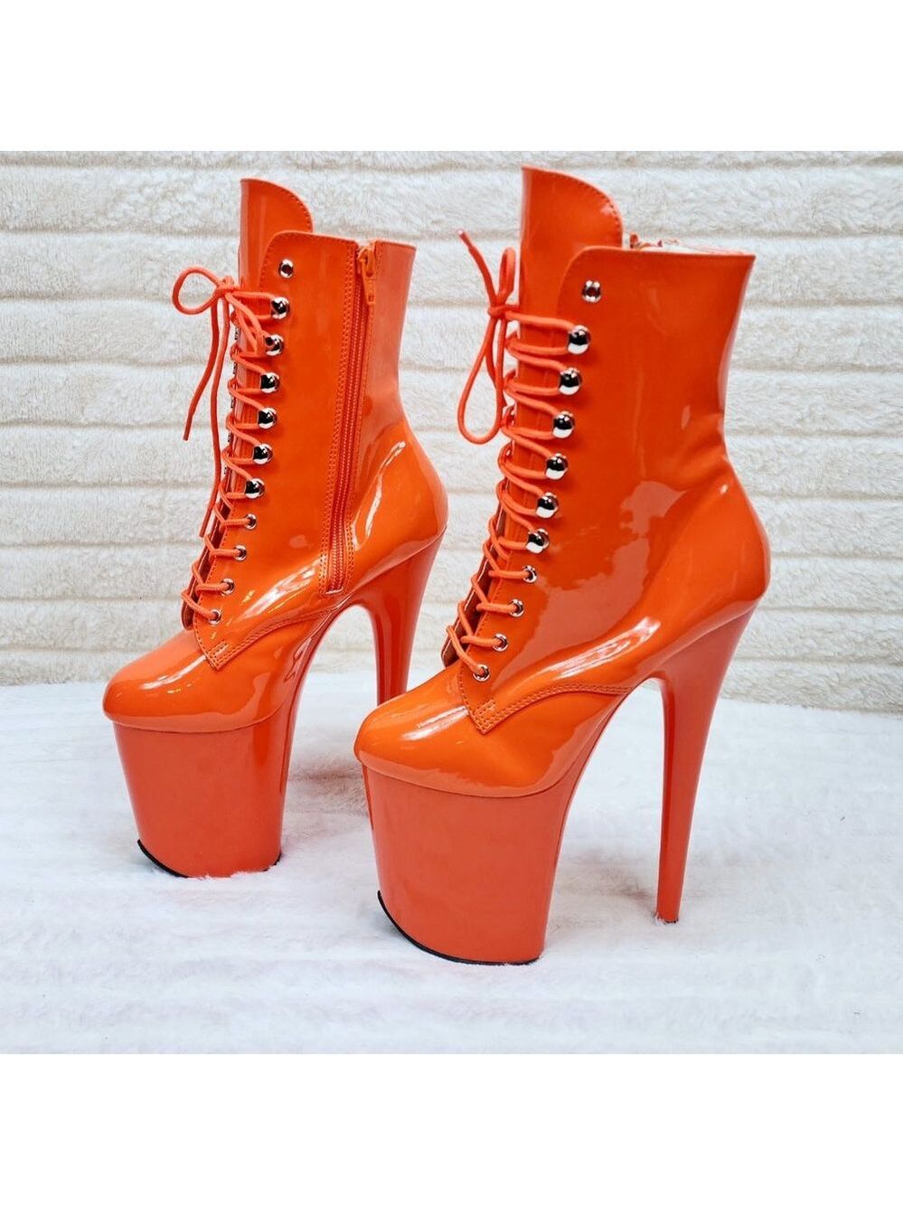 Flamingo Bright Orange Patent Towering 8" High Heel Platform Ankle Boots - Picture 5 of 11